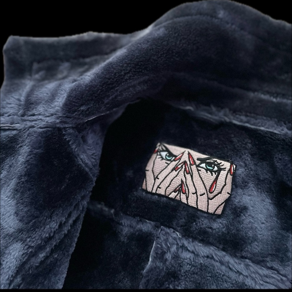 ROBERT PHILLIPE | S | Faux Fur Navy Sequin Moto Biker Asymmetrical Zip Jacket